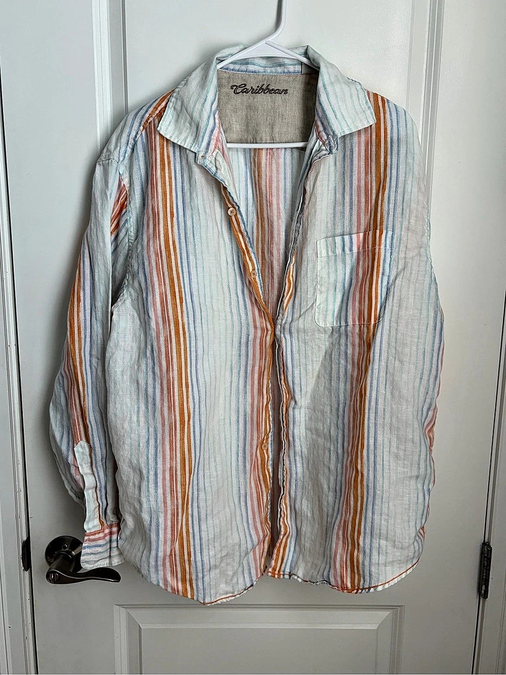 Caribbean Striped Linen Blend Button Down in White & Orange Size Large